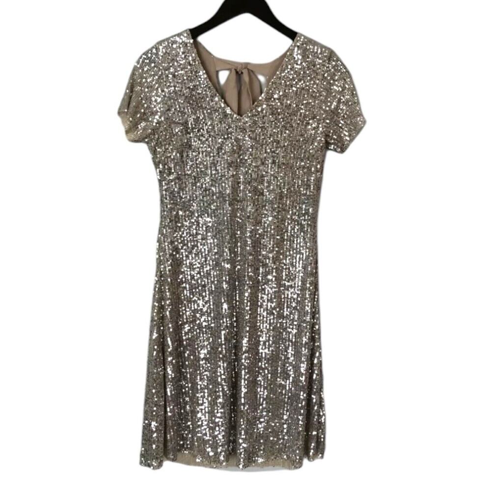 Champagne Gold Sequin V Neck Shift Mini Dress NWT Sara Corsi Made in Italy Sz M